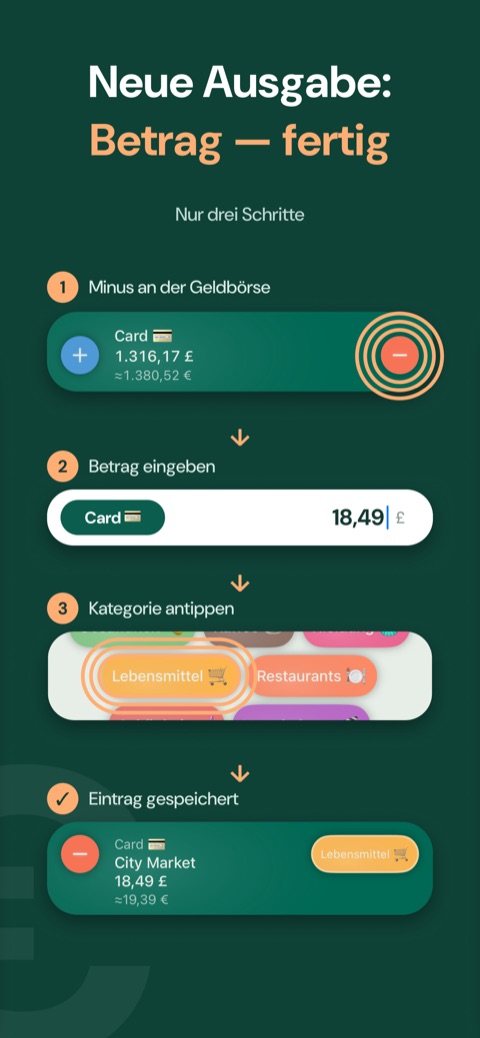 Neue Ausgabe in Sekunden: Betrag, Kategorie, fertig