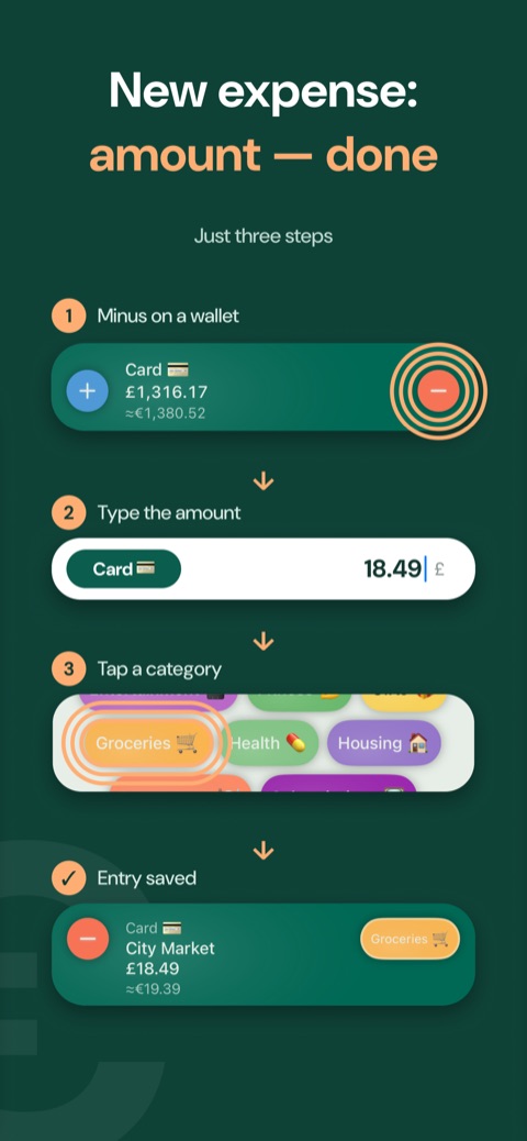 A new expense in seconds: amount, category, done