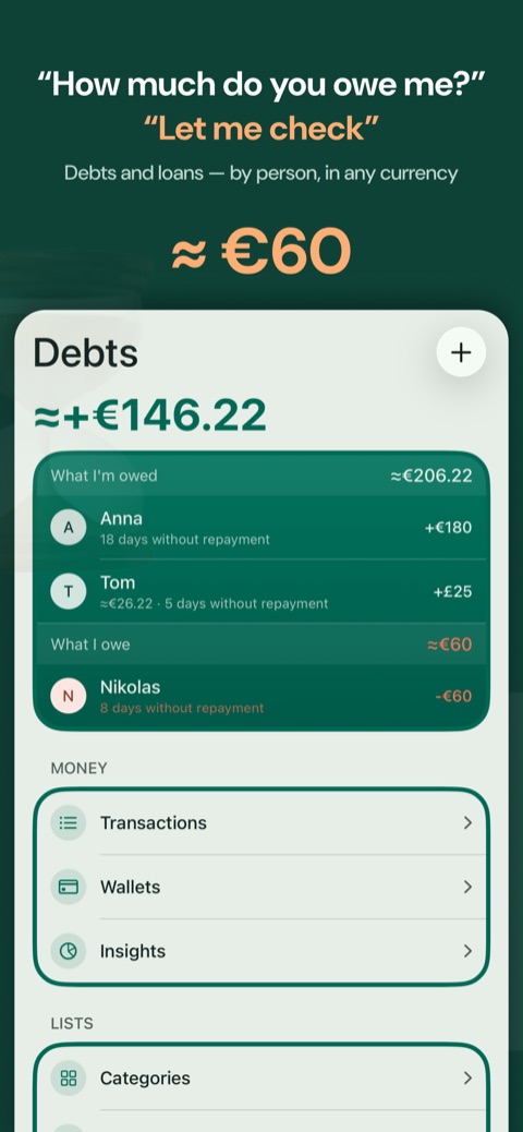 Debts and loans by person, in any currency