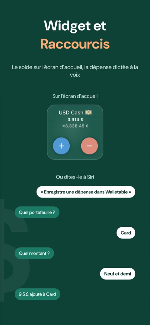 Le solde sur l’écran d’accueil et une dépense dictée à la voix