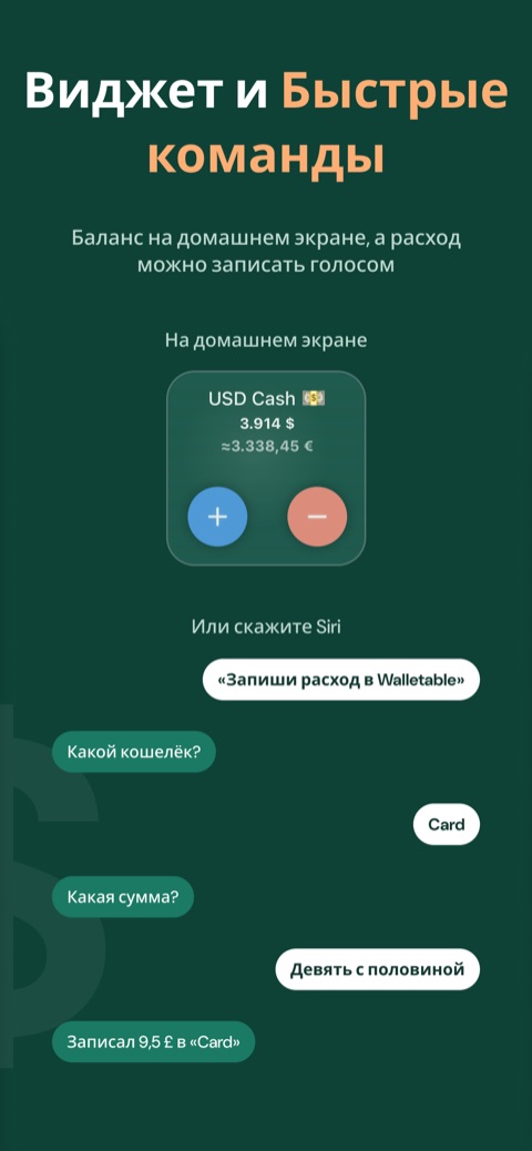 Баланс на экране «Домой» и трата, записанная голосом
